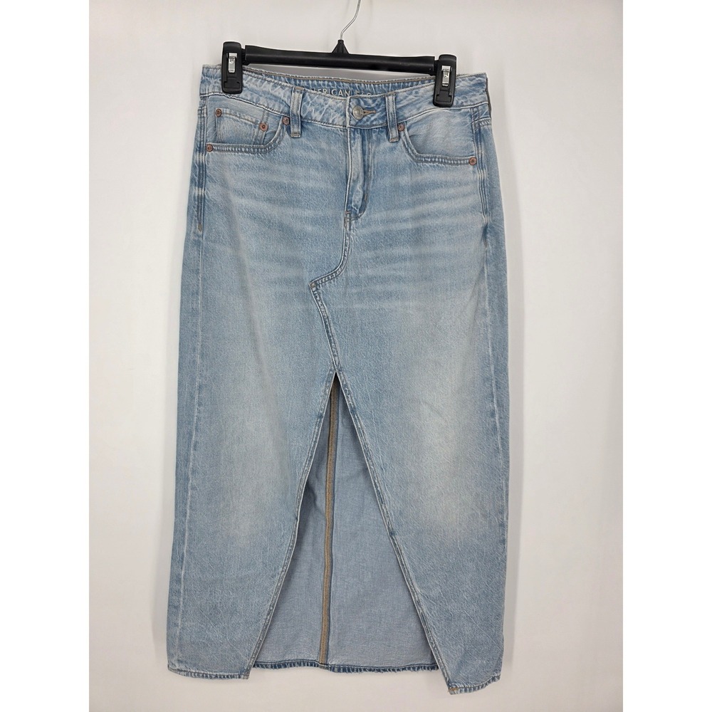 American Eagle Light Wash Denim Midi Skirt with Front Slit